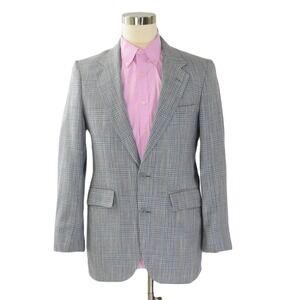 80s Silk Icy Blue Plaid Blazer Warren Scott Mens Size 38L 2 Button Trendy Jacket